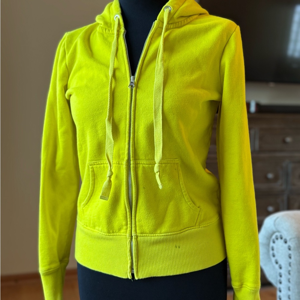 Old Navy Neon Yellow Zip-Up Jacket with Hood Size Medium